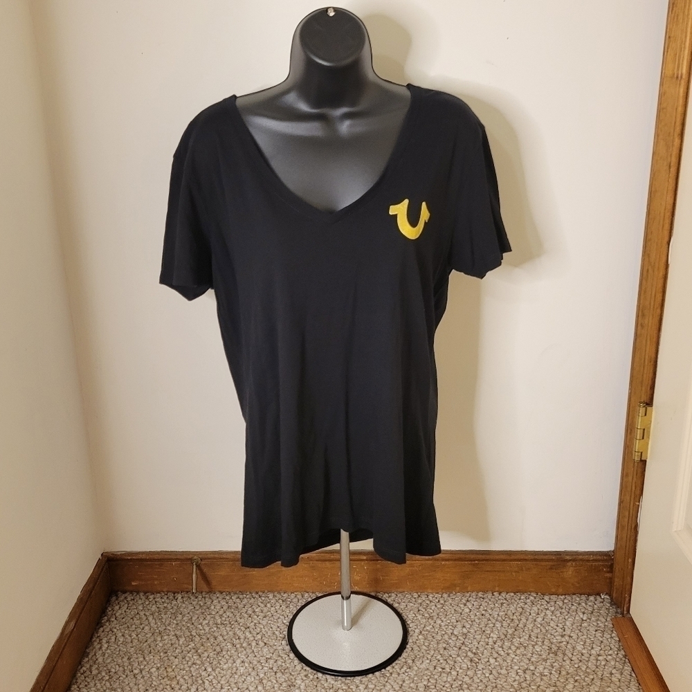True Religion Women's Black Gold Graphic Tee - Size (L) - Excellent Condition